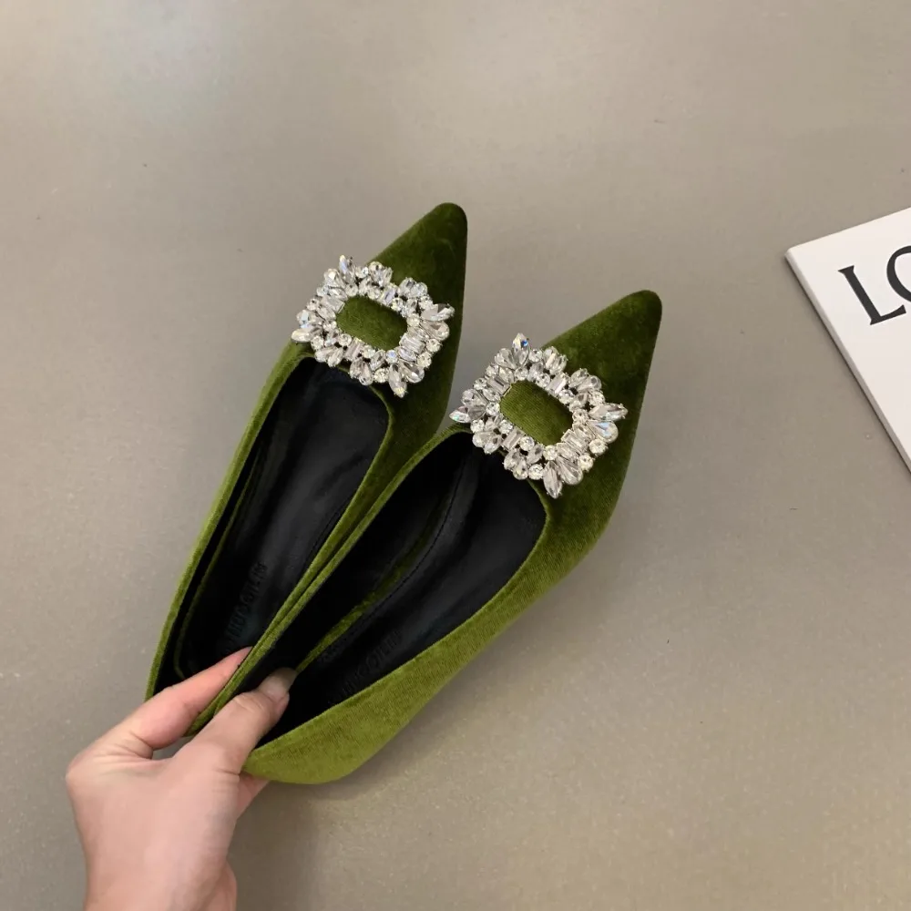 2025 Spring and Autumn New French Fashion Red Pointed Suede Water Diamond Shallow Mouth Flat Flat Casual Women's Shoes 2