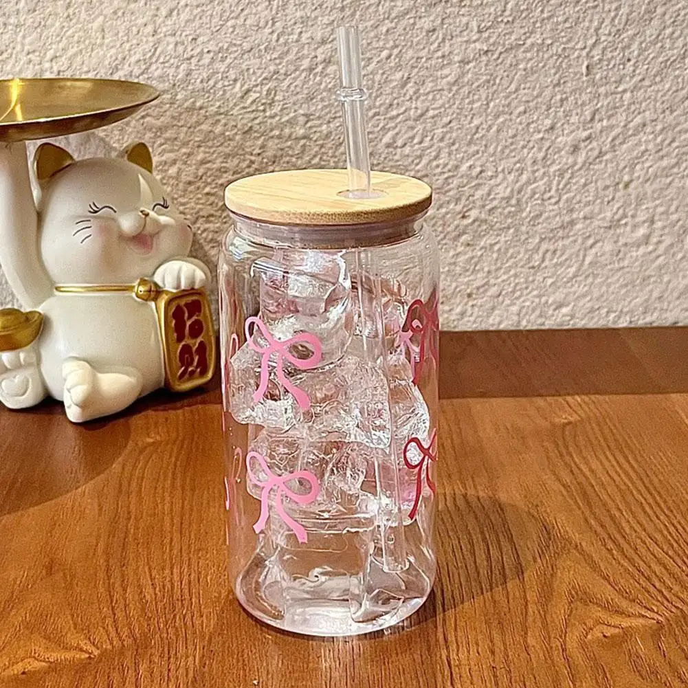 Charming Bow Glass Tumbler with Lid and Straw - Perfect for Iced Coffee, Juice, and Gifts