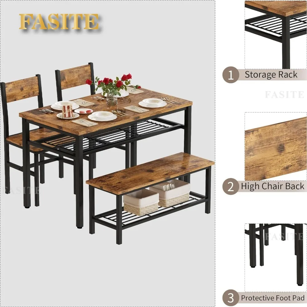 4 Pieces Dining Table Set, Industrial Dining Table with Bench and Chairs for 4, Metal Frame, Kitchen Table Set with Storage Rack