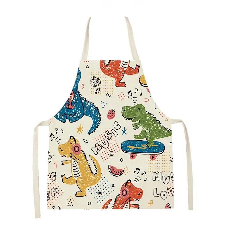 

Cartoon Dinosaur Series Pattern Kitchen Apron Women's Sleeveless Linen Apron Home Cooking Baking Bib Children's Apron