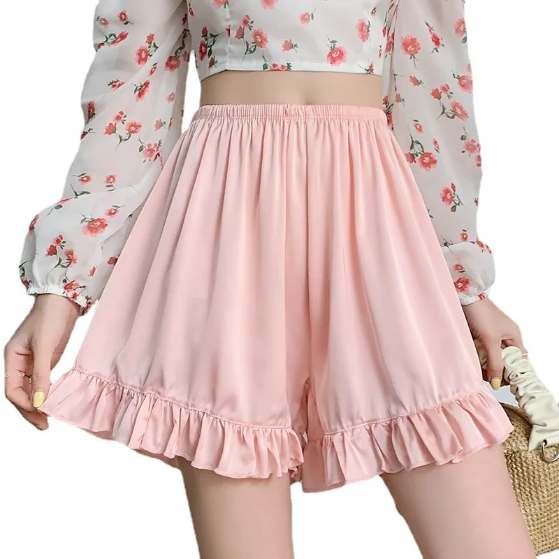 Satin Ice Silk Ruffle Short Pants Women's Summer Loose Home Safety Pants Under Skirt Seamless Sexy Underwear Breath Cool Shorts safety shorts,safety pants
