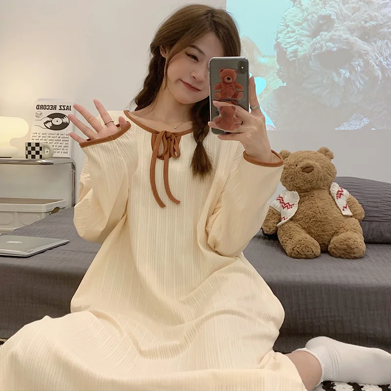 Autumn new knitted imitation cotton ladies long-sleeved long skirt striped cute sweet princess style casual nightdress home wear