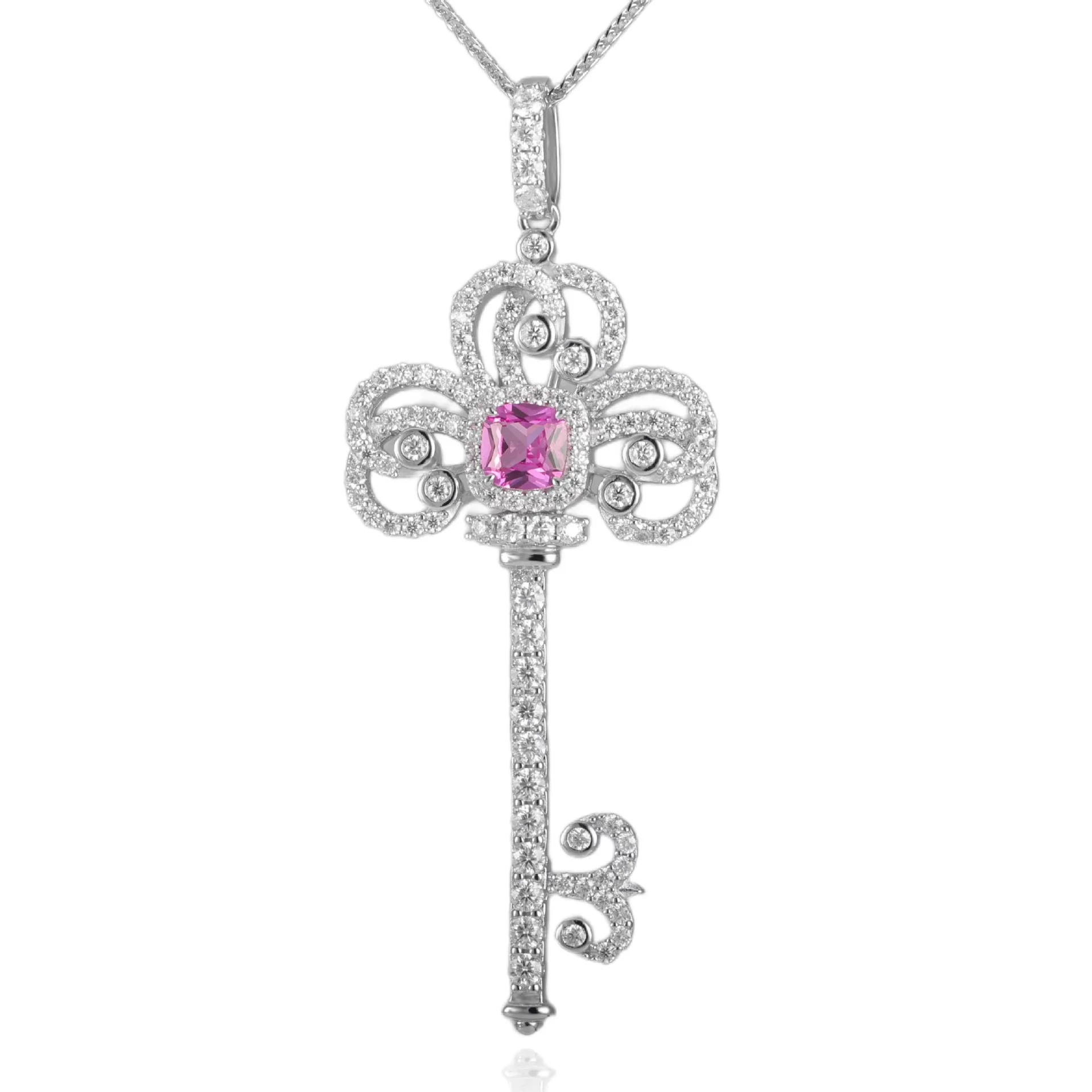 

Women Pink Sapphire Lab Grown Diamond Moissanite S925 Silver Luxury Jewelry Royal Key Pendant Necklace for Anniversary Gift