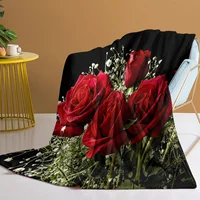 3d Print Blanket Babysbreath and Roses in Black Ground Throw Blanket Green and Red Floral Soft Fleece Blanket for Couch Bed 1