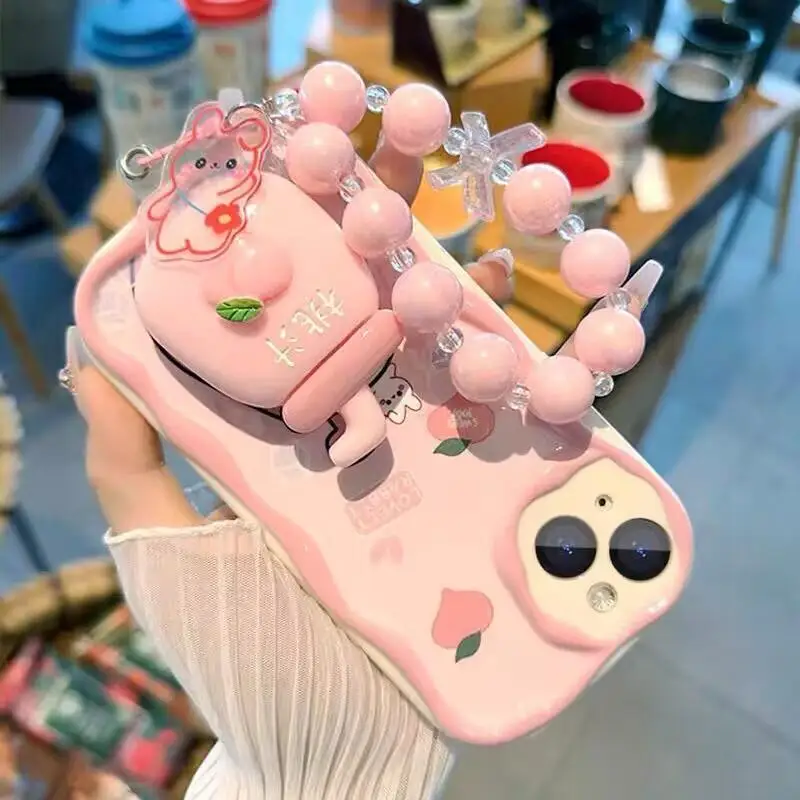 3D Pink Peach Holder Stand Bracelet Chain Case for Samsung Galaxy A34 A55 S24 Ultra S22 S23 Plus A13 A54 A53 Cover Soft Capa_voghion.com