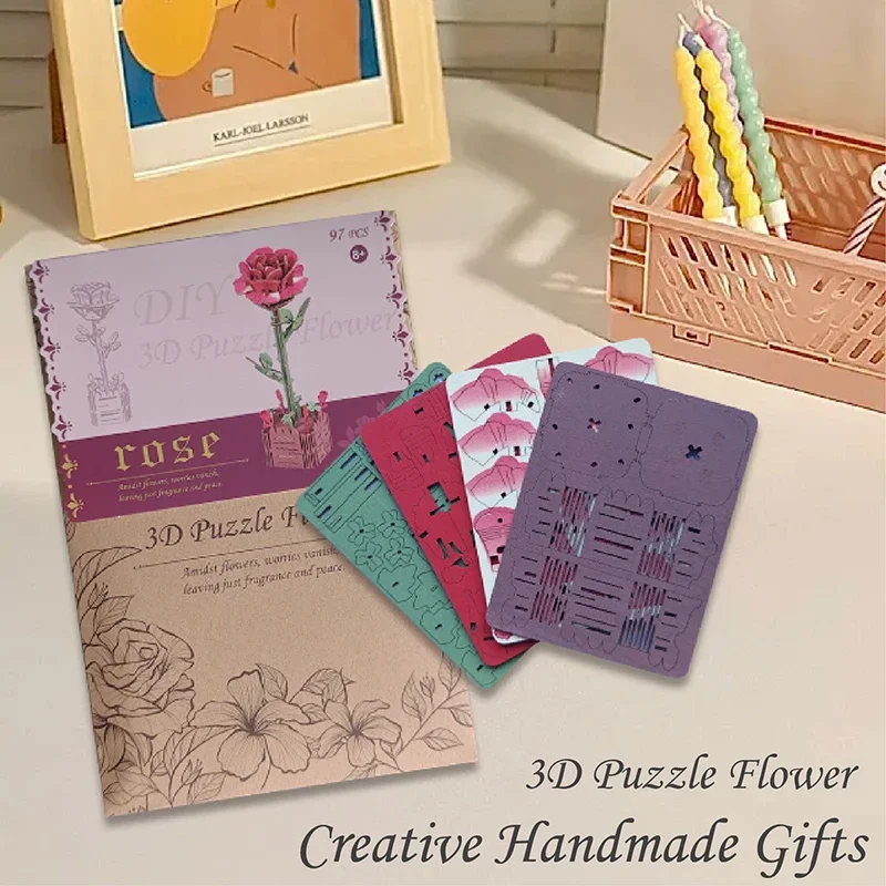 Wood Art 3D Puzzle Block Flower Crafts Assembly Bouquet Desktop Decoration Children's Puzzle Assembly Model Xmas Girlfriend Gift