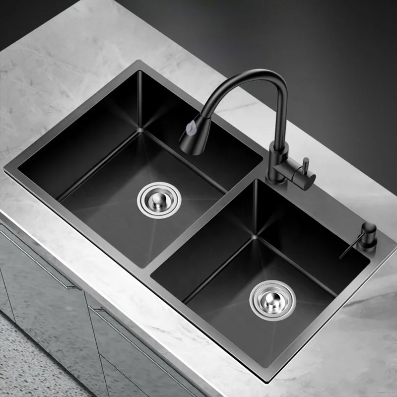 Kitchen Sink, Handmade 304 Stainless Steel Sink, Embedded Dual Pull-out Faucet, Nano Silver Ceramic Coating