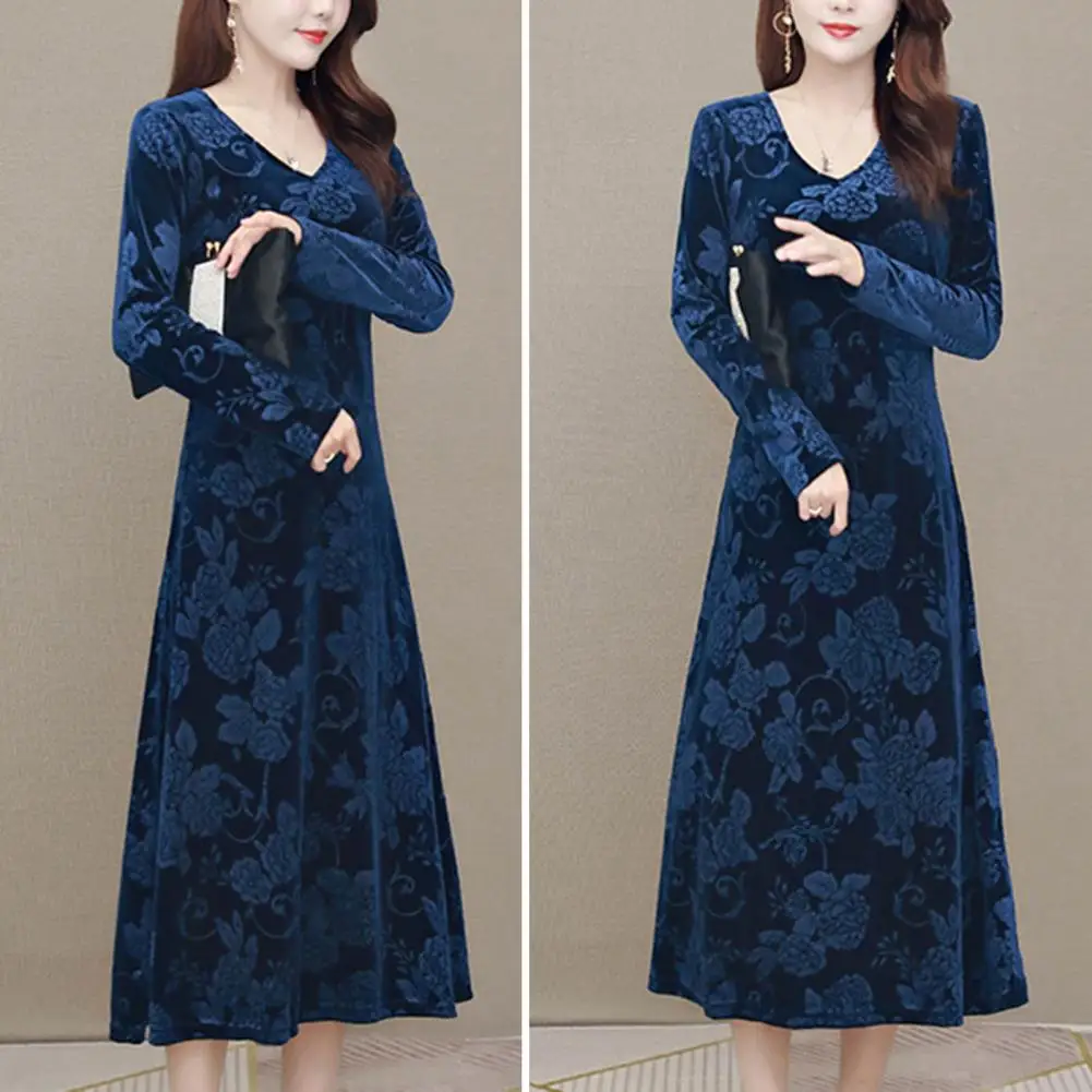 

Date Night Dress Elegant Floral Print Midi Dress for Mid-aged A-line V Neck Long Sleeve Mid-calf Length for Everyday