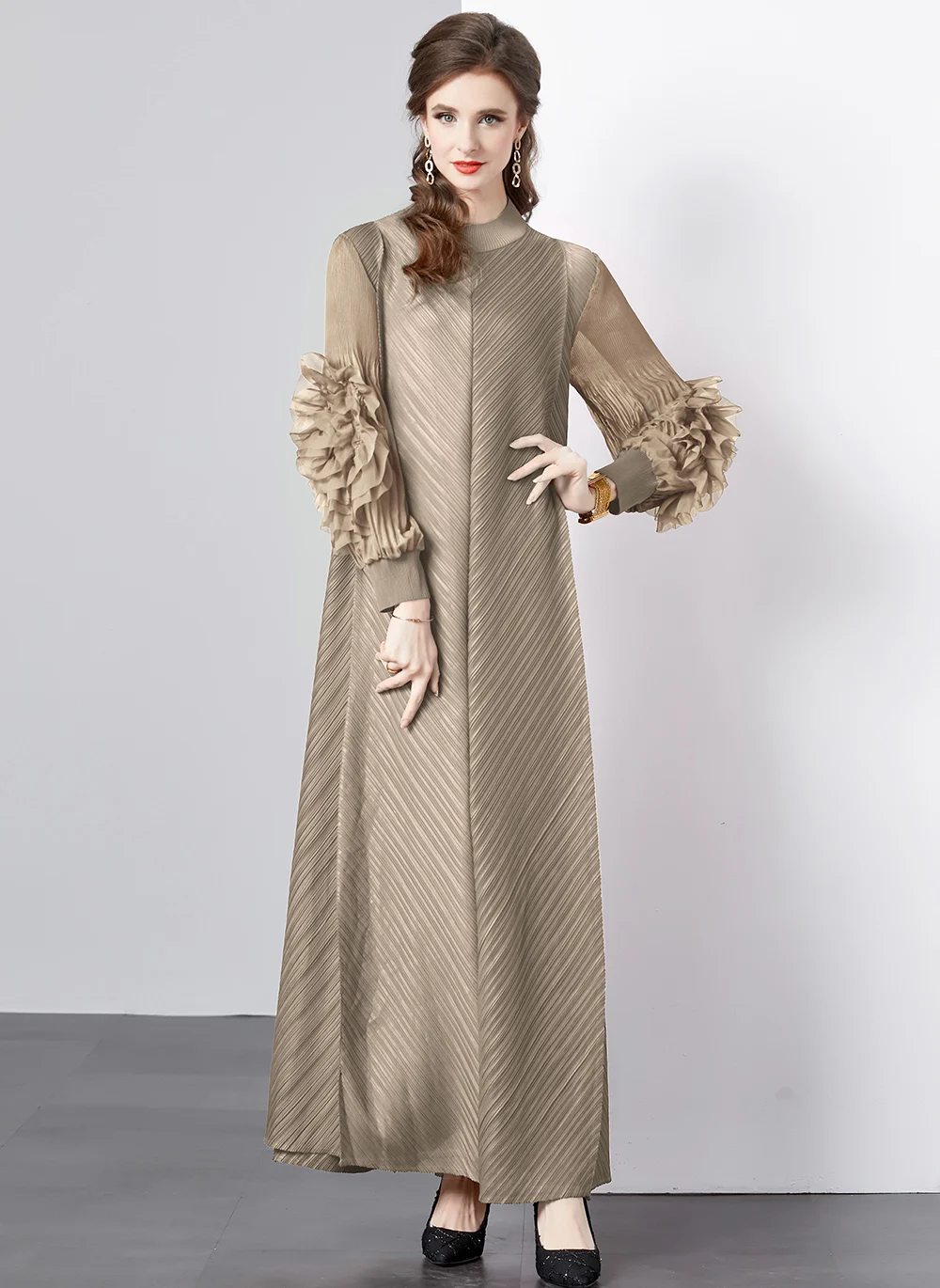 Maxi Pleated Dress Round Neck Spliced Fungus Full Sleeve