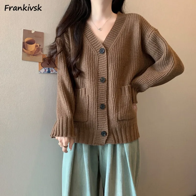 

Solid Cardigans Women Chic V-neck All-match Basic Soft Daily Pocket Design Hot Sales Knitting Clothes Spring Newest Ins Popular