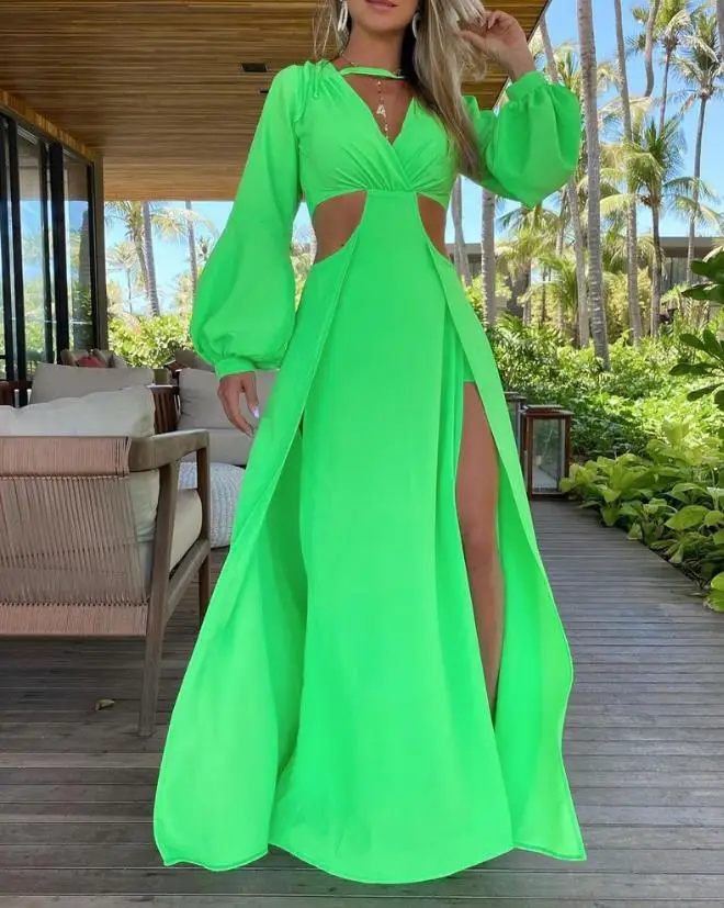 

New Fashion 2023 Summer Elegant V-Neck Lantern Sleeve Cutout Backless High Slit Maxi Dress Vacation Casual Female Clothing