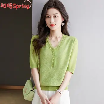 2025 Estate Nuovo a maniche corte T-shirt a maniche corte in pizzo alla moda T-shirt allentata che copre la pancia sottile con scollo a V Top dimagrante 1