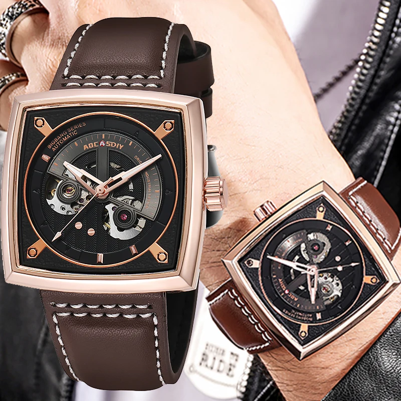 Men's Square Fully Mechanical Watch Black Gold Skeleton Dial Fashion Leather Strap Design Versatile Business Gift Clock New 2613