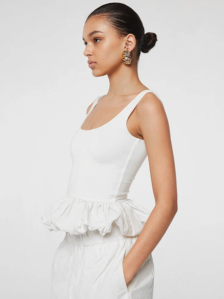 Ruffle Trim Women Tops Solid Concise All-matched Summer U-neck Backless Slim Crop Tanks Female Romantic Trend Streetwear