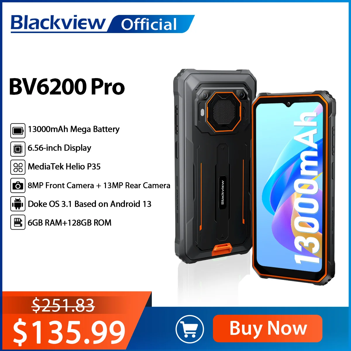 Teléfonos Resistentes Desbloqueados, 2023 Blackview BV6200 Smartphone, Batería De 13000 MAh De Carga Rápida De 18 W, Android 13, 8 GB+64 GB/2 TB Expand, Altavoz Más Fuerte, Teléfonos Móviles