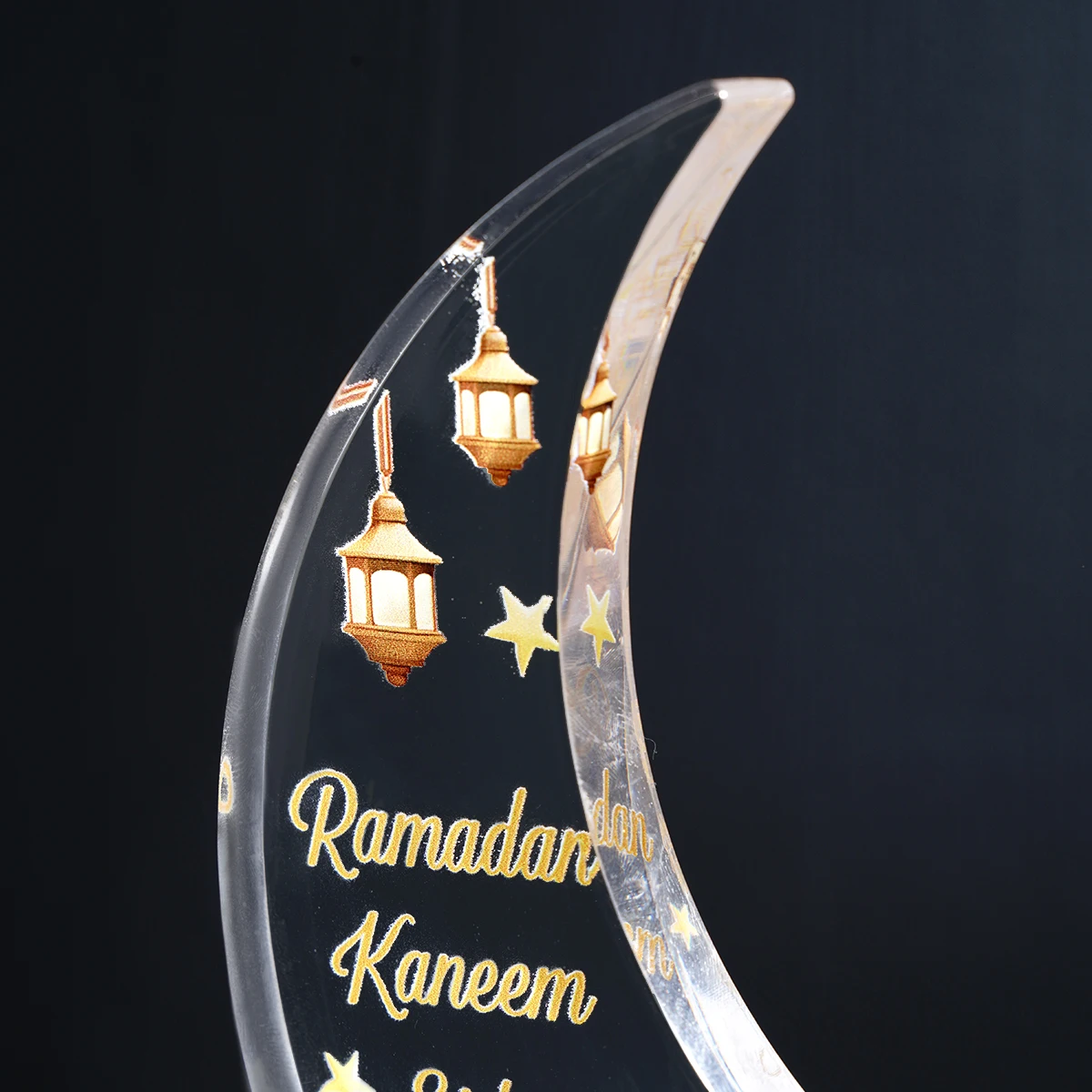 1PC, creative transparent moon-shaped acrylic Ramadan (رمضان) decorative ornament, festive table warm decorative statue ornament