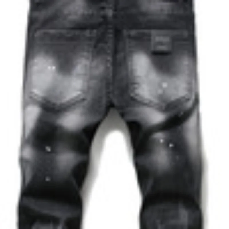 European and American tattered and repainted men's slim fit ripped patch fabric elastic jeans tight beggar pants 3