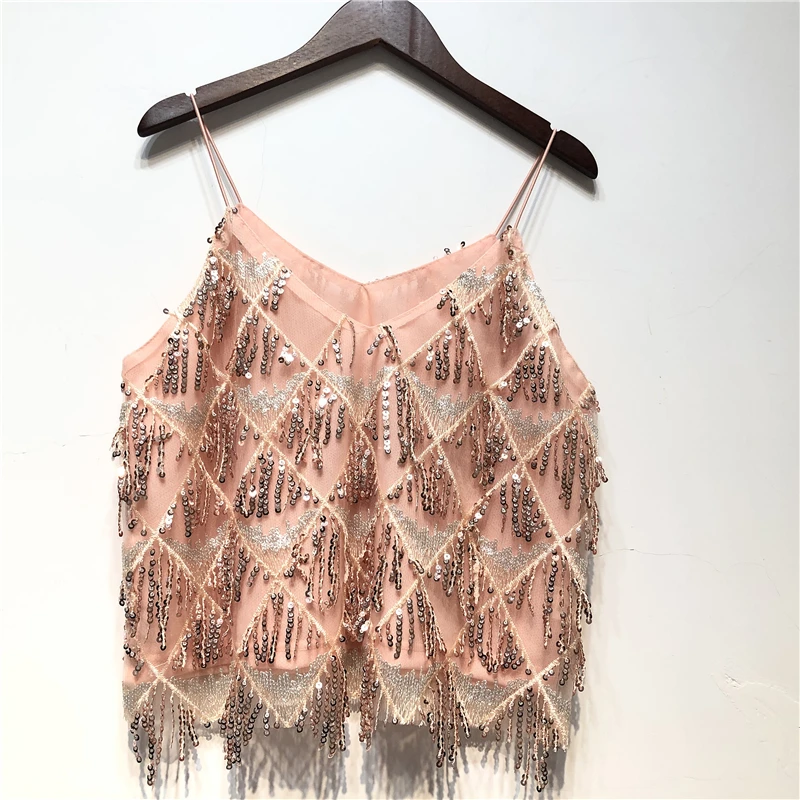 Sexy Hollow Out  ̽ Camis Bead Work  ũ ž    ũ tassel Sequins Camis