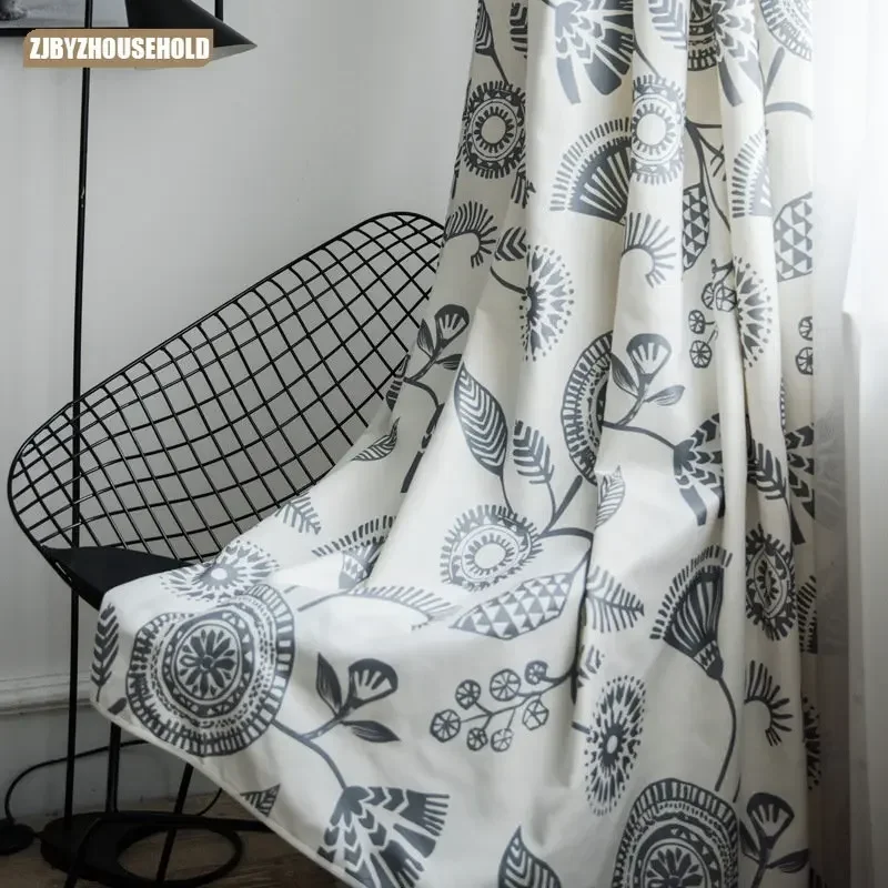 Ins Nordic Wind Matching Colored Linen Curtain New Modern Curtains for Living Room Bedroom Balcony High Shading Printing Concise 3