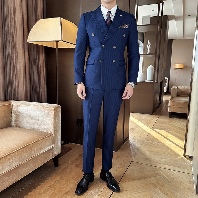 Men's High Sense (suit + Vest + Trousers) Double Breasted Weight 3/2 Piece Business Casual Bridegroom Wedding Dress Regular