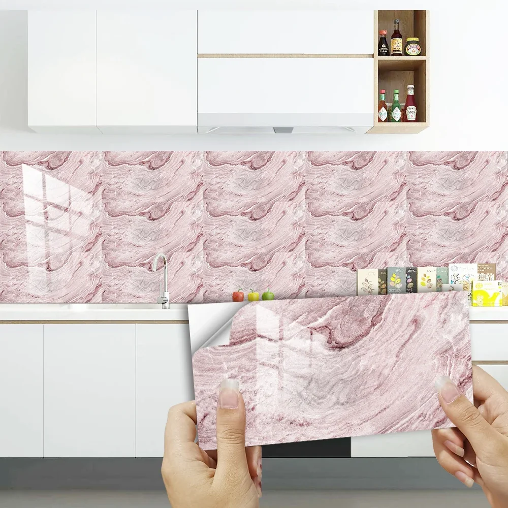 

10pcs/set Pink Marble Brick Pattern Tiles Wall Sticker Kitchen Oil-Proof Bathroom Waterproof Peel & Stick Art Wallpaper