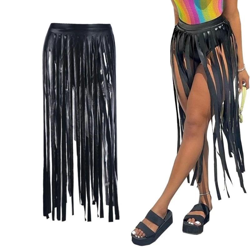 

Women Goth Punk Elastic High Waist Tassels Long Skirt PU Leather Panty Lined Fringed Skirts Club Partywear