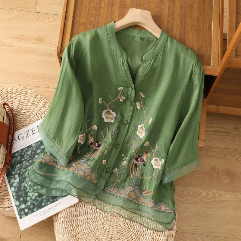 YCMYUNYAN-Vintage Embroidery Blouses for Women, Ladies Clothing, Loose, Short Sleeves, Cotton Linen Tops, Chinese Style, Summer
