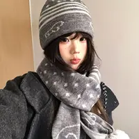 Warm Grey Knitted Hat Women's Winter Fashionable Neck Protection Scarf Set Small Face Effect Lazy Style Fierland Wind
