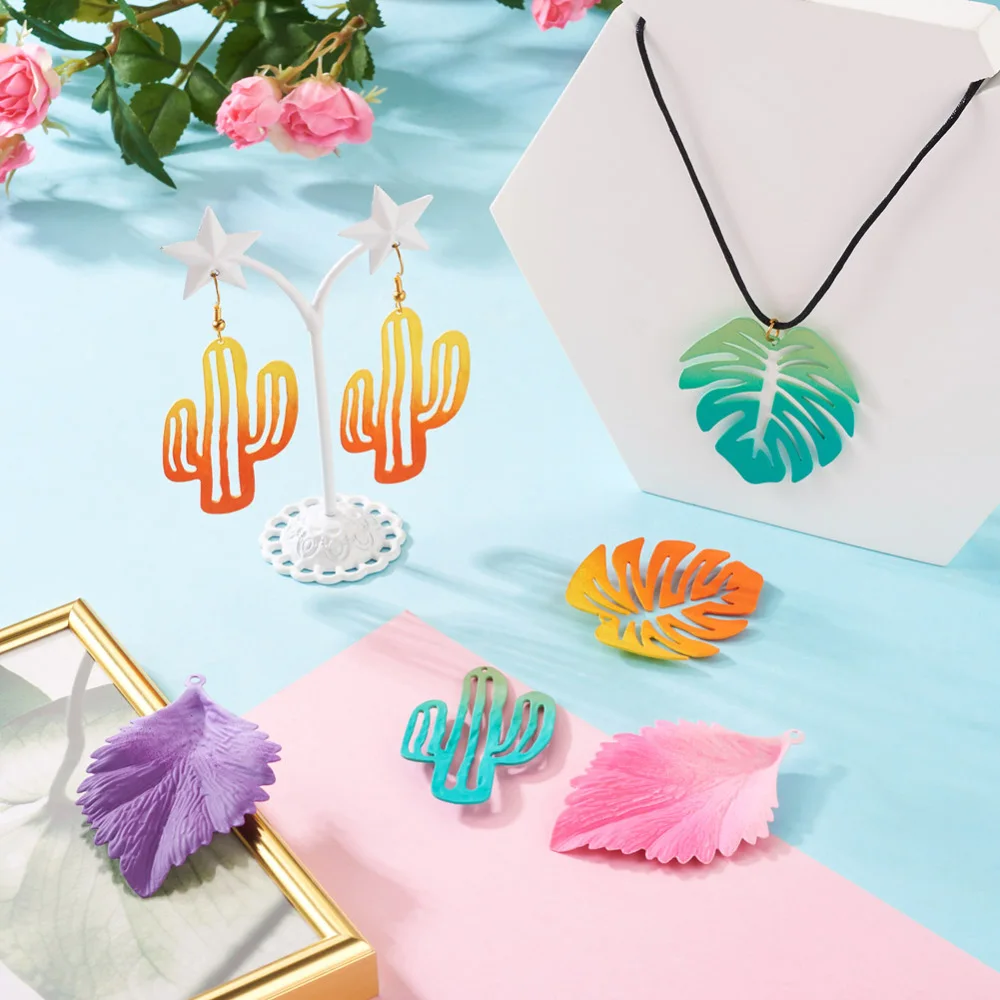 24Pcs Gradient Cactus Monstera Leaf Charms Colorful Plants Spray Painted Iron Pendants for Necklace Earrings Connectors Jewelry