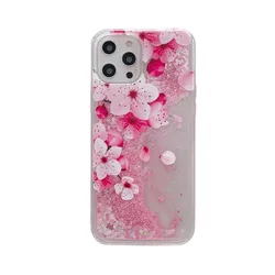 Glitter Liquid Pink Flower Quicksand Dynamic Clear TPU Back Phone Case - iPhone 17 (Pink)