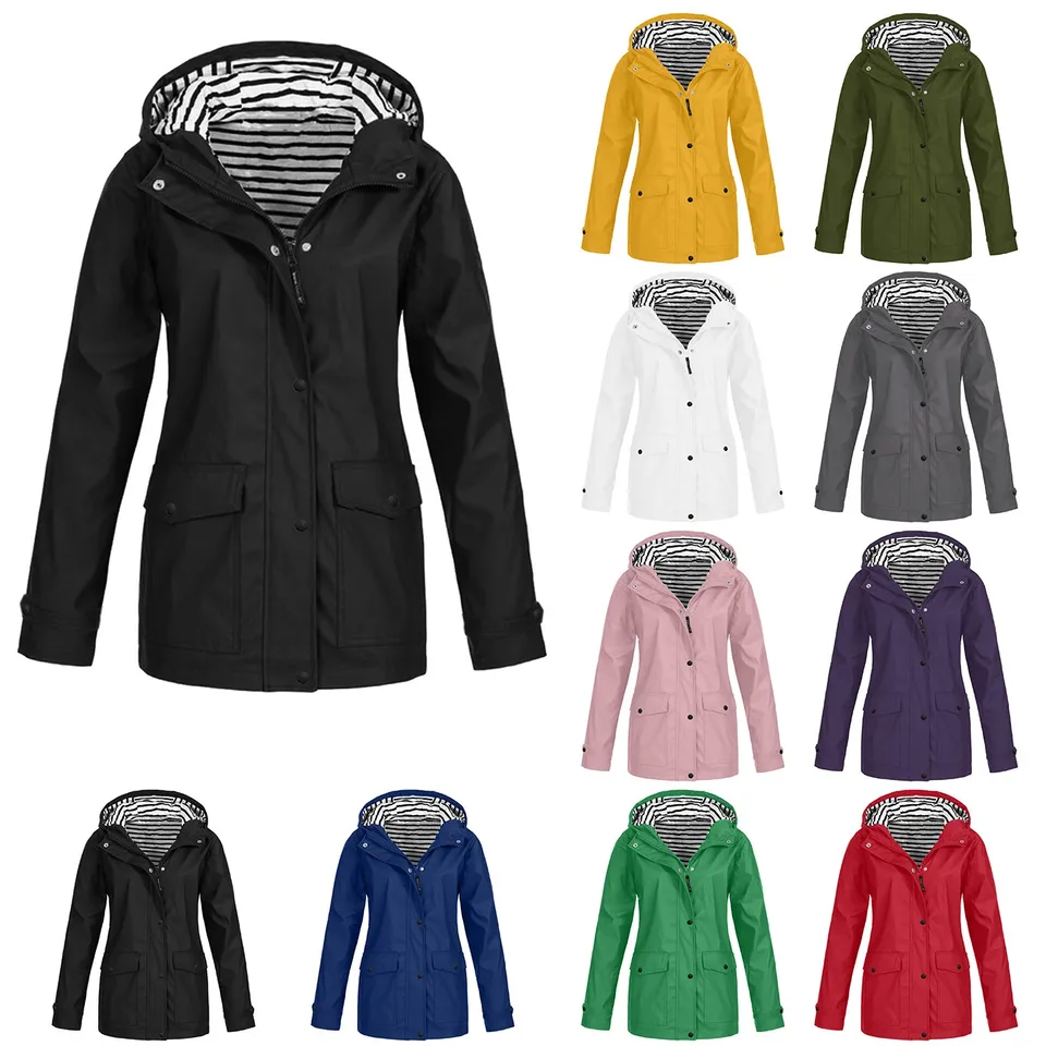 Chanpning Coupe Vent Pluie Femme Couleur Unie Coupe-Vent Outdoor Léger Imperméable Manteau Randonnée Vêtements Zippée Avec Poches Veste De Pluie À Capuche Trench-Coat Longue Veste De Sport
