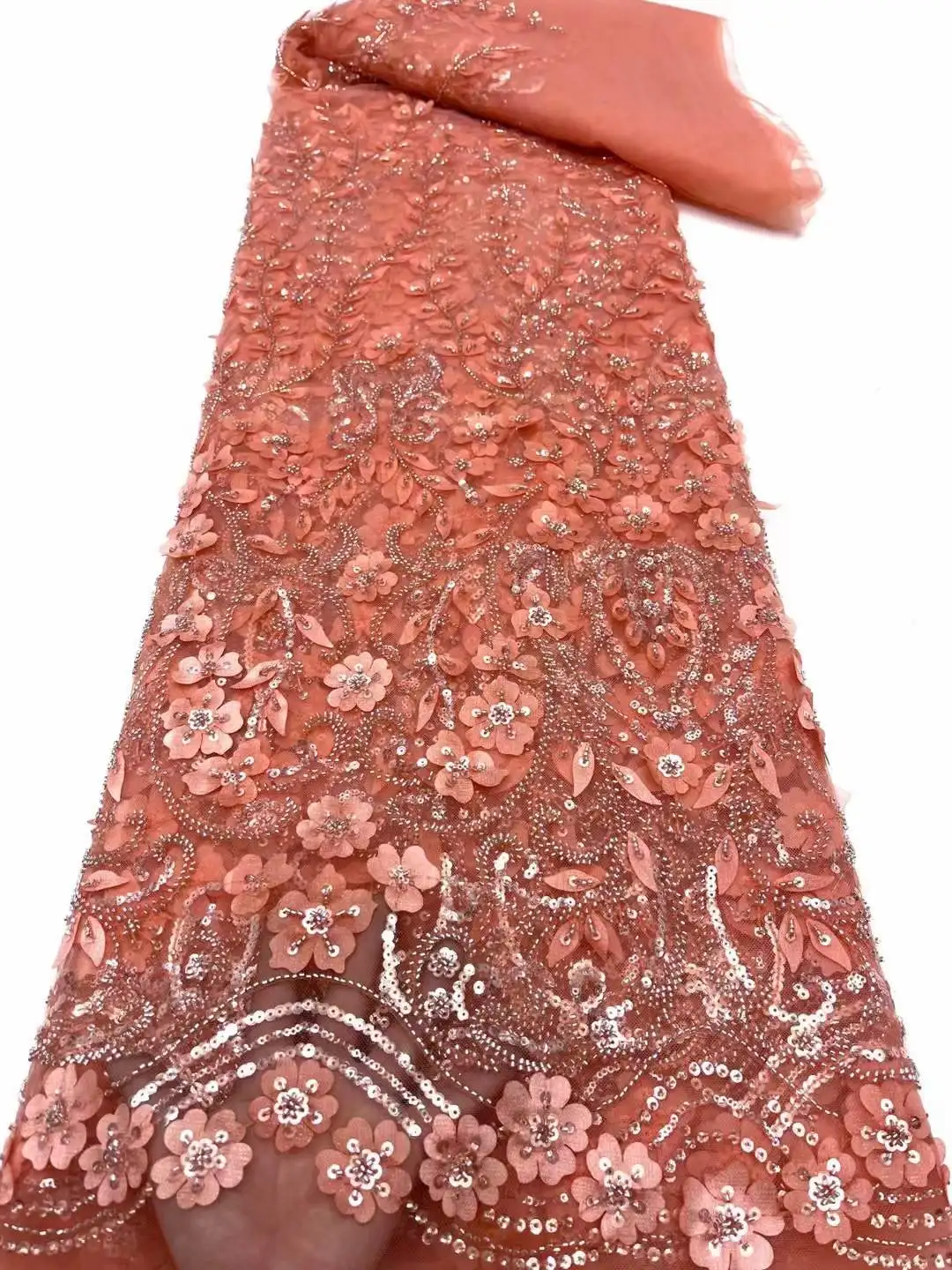 

Beautiful 3D Model With Bead Emboirdered French Tulle lace/Beads African Fabric Lace For Evening Dresses Party Weddings