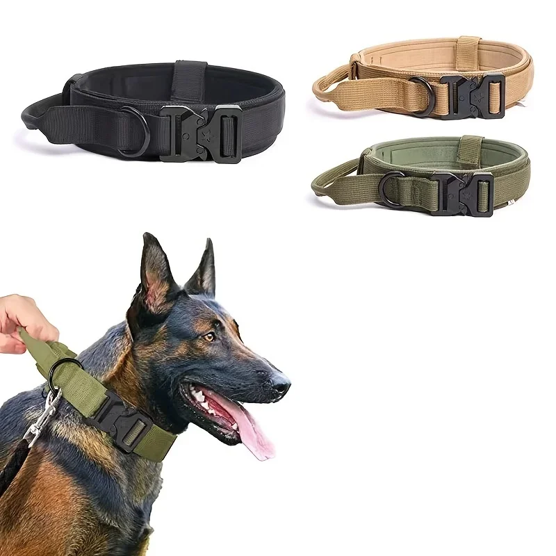 Collar táctico militar para perro, ajustable, nailon suave, entrenamiento al aire libre, K9, con mango y Metal