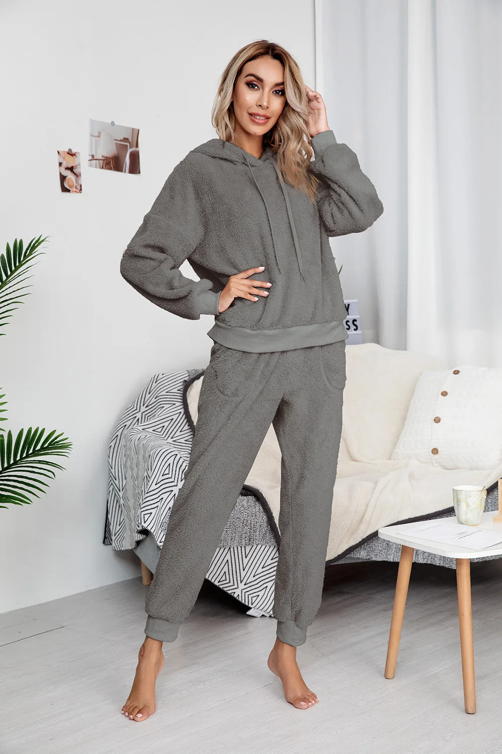 Women Loungewear Set Autumn Winter Fluffy Cozy Fleece Hooded Sweater Home Wear Two Piece Set Pajamas Suitwomen'S Loungewear Set