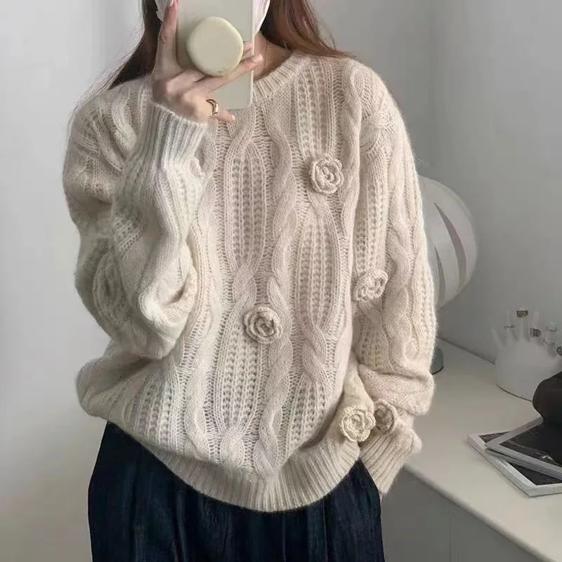 Autumn Winter Knitted Rose Sweater