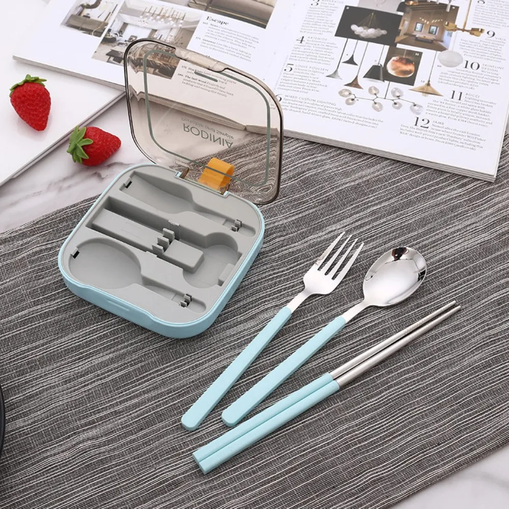 Foldable Stainless Steel Cutlery Set Removable with Square Box Flatware Set Space-saving Reusable Spoon Fork Chopstick 3pcs