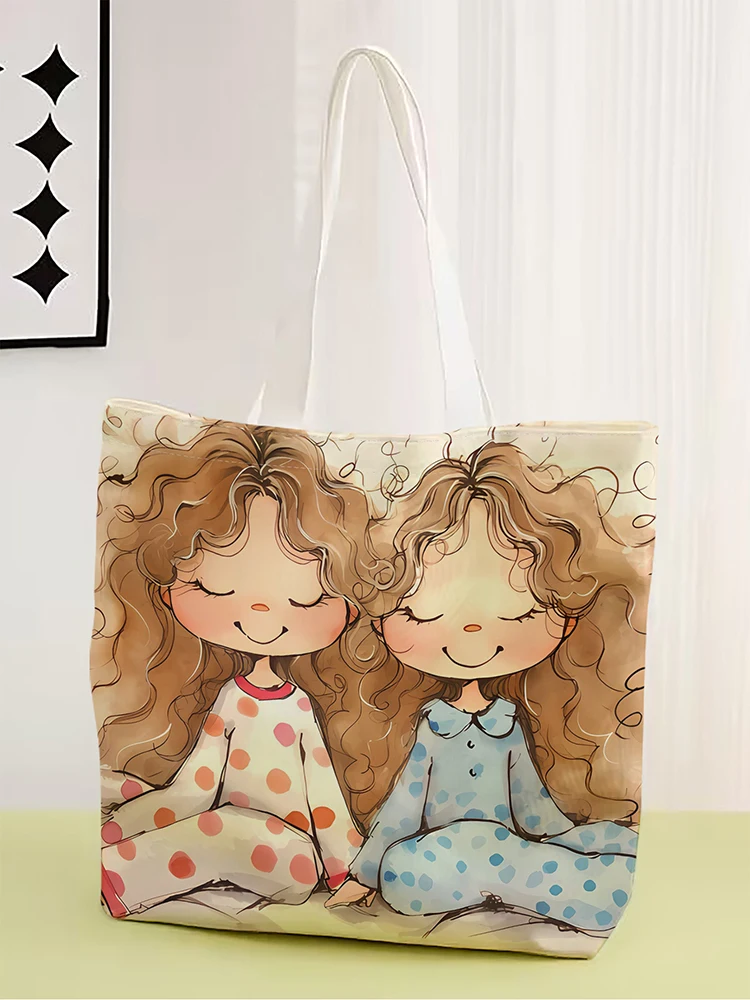 1pc,cartoon girl pattern handbag, reusable fashionable handbag, multifunctional handbag, printed canvas shopping bag