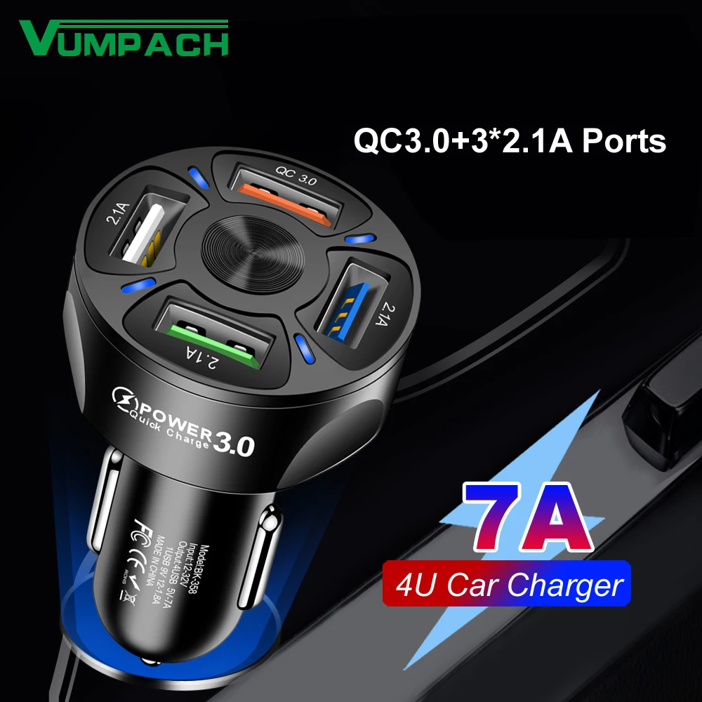 Vumpach 4 порта USB автомобильная зарядка 48 Вт Быстрая зарядка 7A мини Быстрая зарядка для iPhone 11 Xiaomi Huawei Быстрая Зарядка адаптер в автомобиле