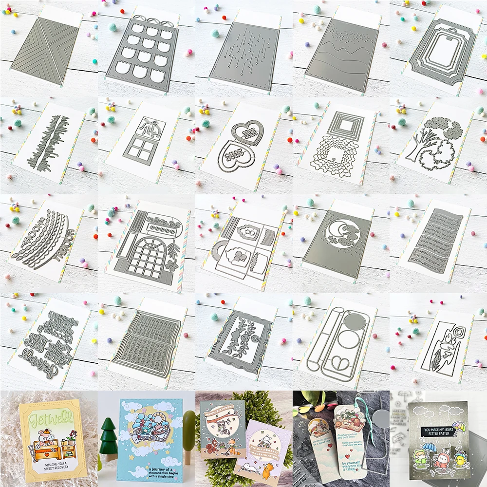 

Layered Square Tabs Love Heart Background Frame Metal Cutting Dies Set Ribbon Grass Edge Slimline Wishes Words Dies DIY Crafting