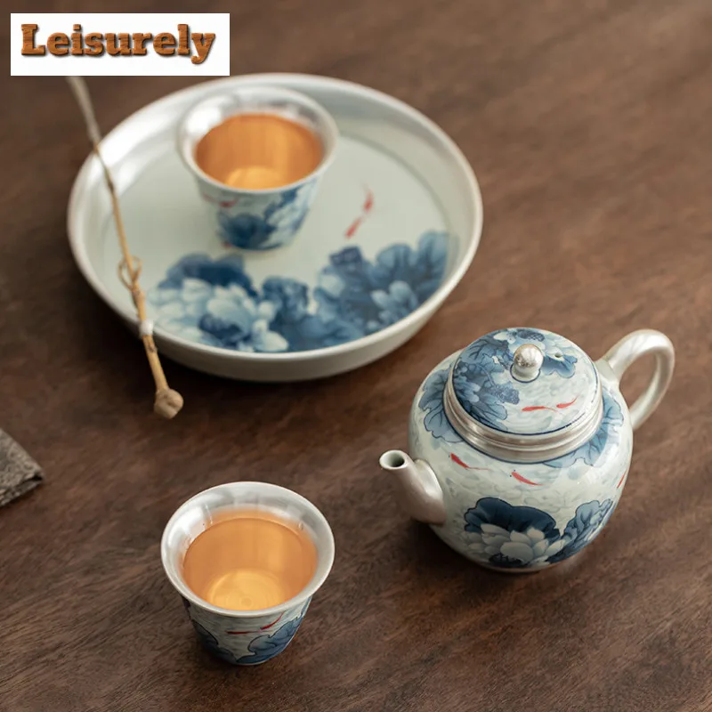 Gilded Silver Fish Playing Lotus Ceramic Tea Set Complete Set Ancient Tea Ceremony Set Teapot And Tea Cup Set Tea Items Gift Box