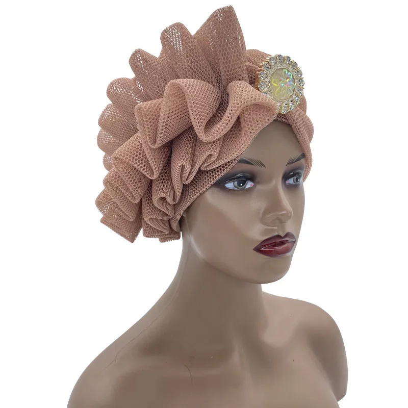 Breathable Summer Mesh African Headtie Rhinestone Laminated Turban Hat Nigeria Auto Geles Already Made Headgear Afri