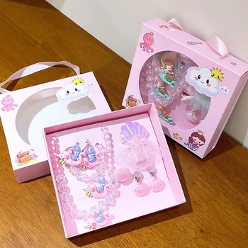 9PCS Princess Children's Jewelry Set Hair Clip Earrings Necklace Ring Girl's Birthday Gift Box 1