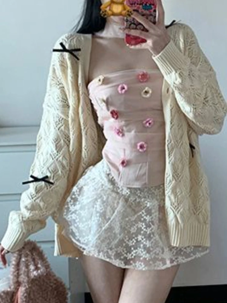 

Sweet Casual Hollow Out 3 Piece Set Women Spring New Bow Fairy Suit Female White Knitted Sweater + Mesh Strapless + Floral Skirt