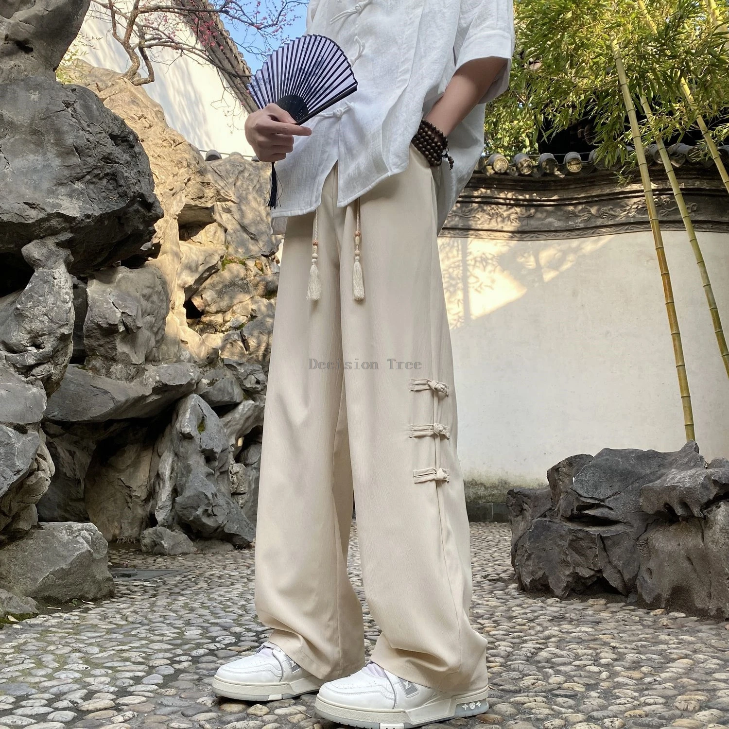 chinese style men tai chi kungfu pants loose martial arts performance straight leg pants fashionable tassel design trousers
