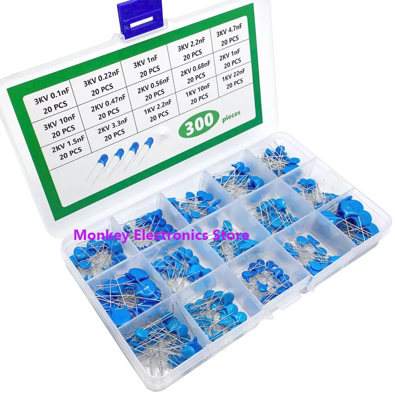 300PCS High Voltage Ceramic Capacitors 1KV 2KV 3KV 0.1nF-22nF Sample Box Porcelain Chip Capacitor Box 15valueX20pcs