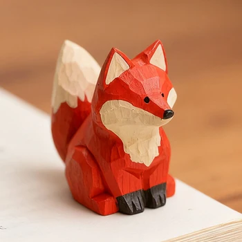 Vintage Handmade Solid Wood Fox Sculpture Statue Miniature Animal Figurines Desktop Ornament for Home Office Decoration Gift 1