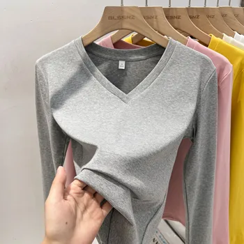 AOSSVIAO 2025 الخريف مكتب سيدة الأساسية الخامس الرقبة سليم صالح تي شيرت المرأة بلون تنوعا الاتجاه قميص طويل الأكمام قاعدة 3