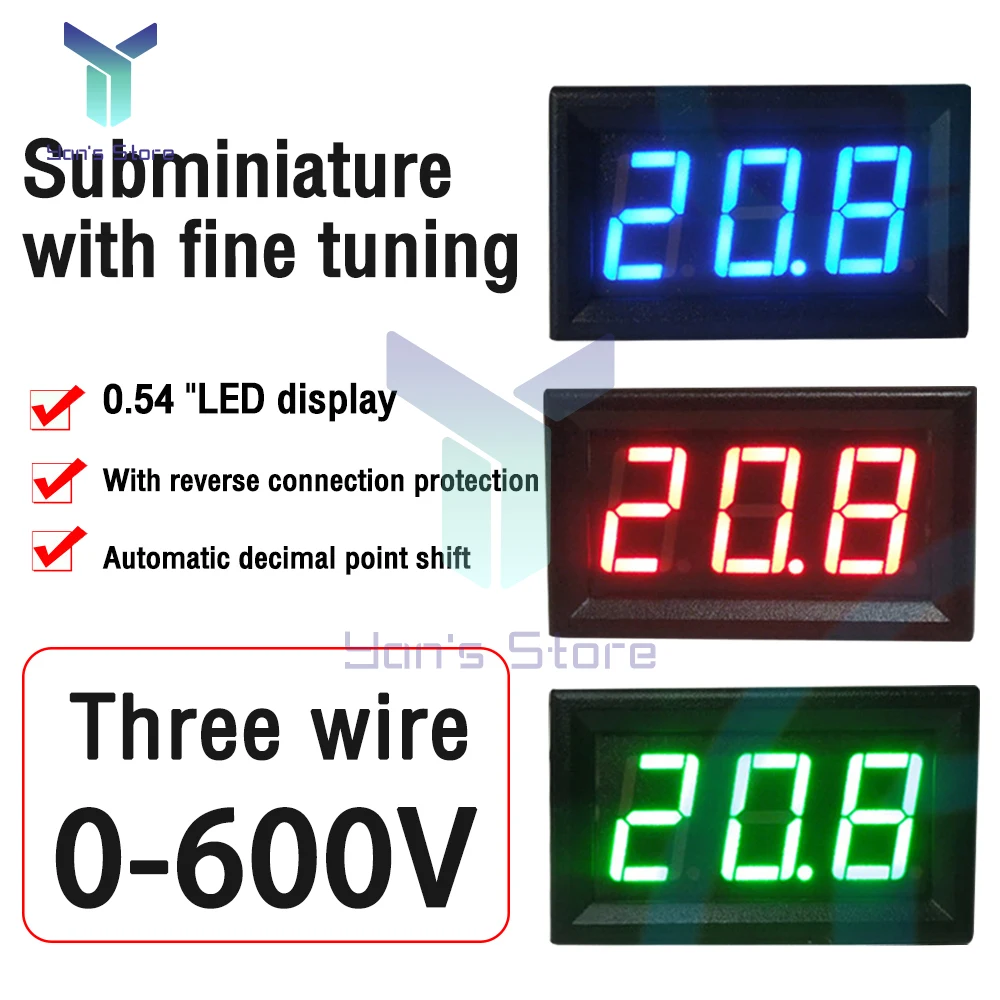 DC 0-600V 0.56 ''디지털 전압계 3 선 전압 검출기, 볼트 패널 미터 테스터 빨간색 파란색 녹색 LED 디스플레이