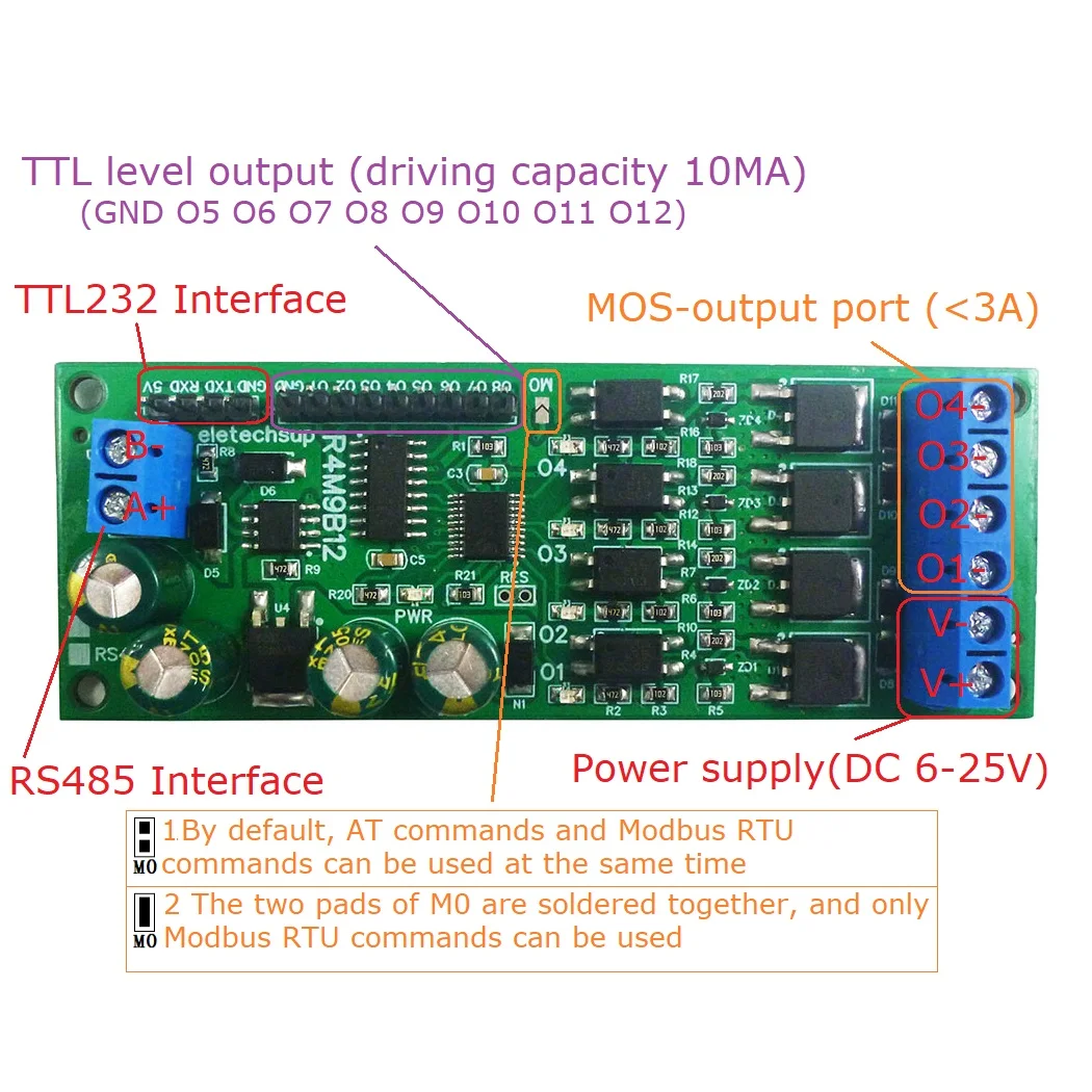 DC RS485 다기능 솔리드 스테이트 릴레이 모듈, 4CH MOS 트랜지스터 및 8CH TTL 레벨 출력 보드, Modbus RTU 및 AT 커맨드, 12V, 24V