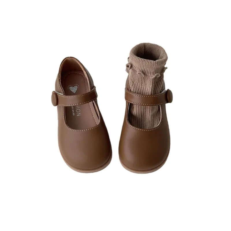 구두 Children Leather Shoes Black Brown Princess Mary Janes Round Toe Little Girl Single Shoes Soft Sole Shallow Kids Dress